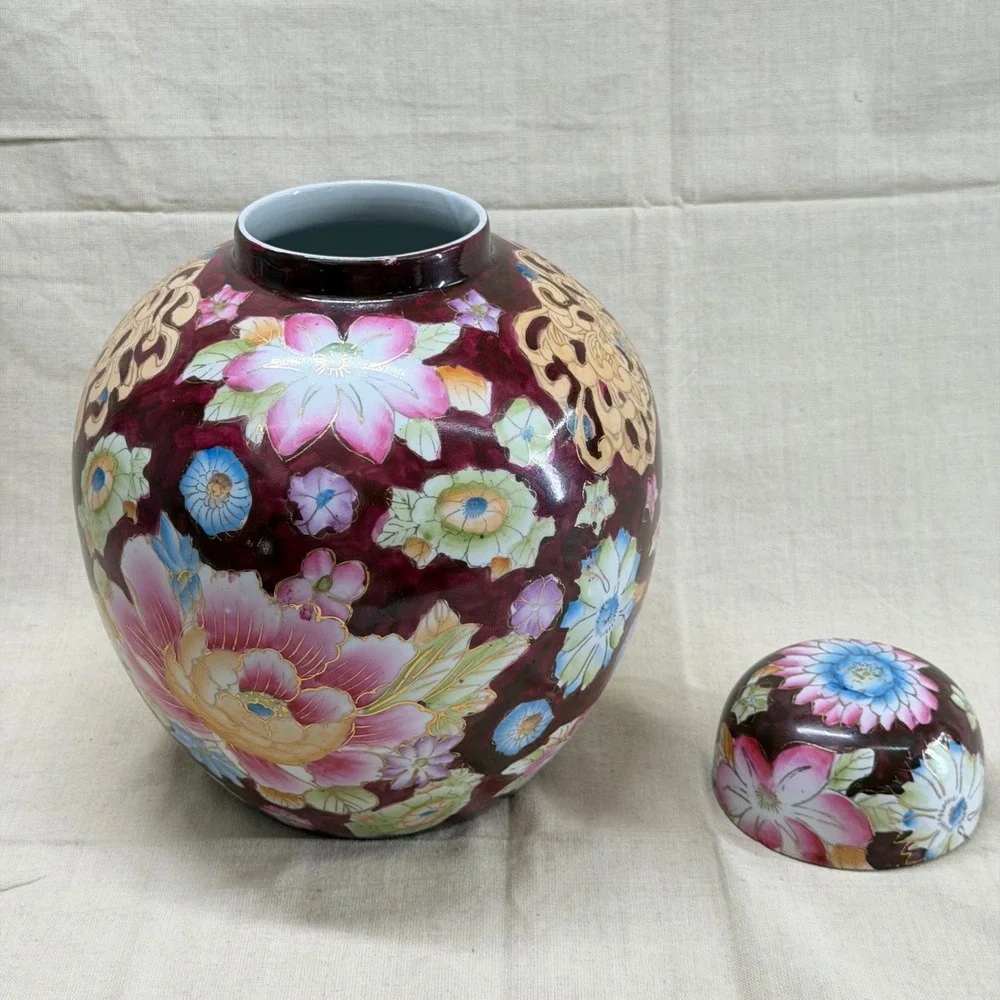 Vintage Floral Ginger Jar Oxblood Ceramic Lidded Vase Grandmillennial Decor